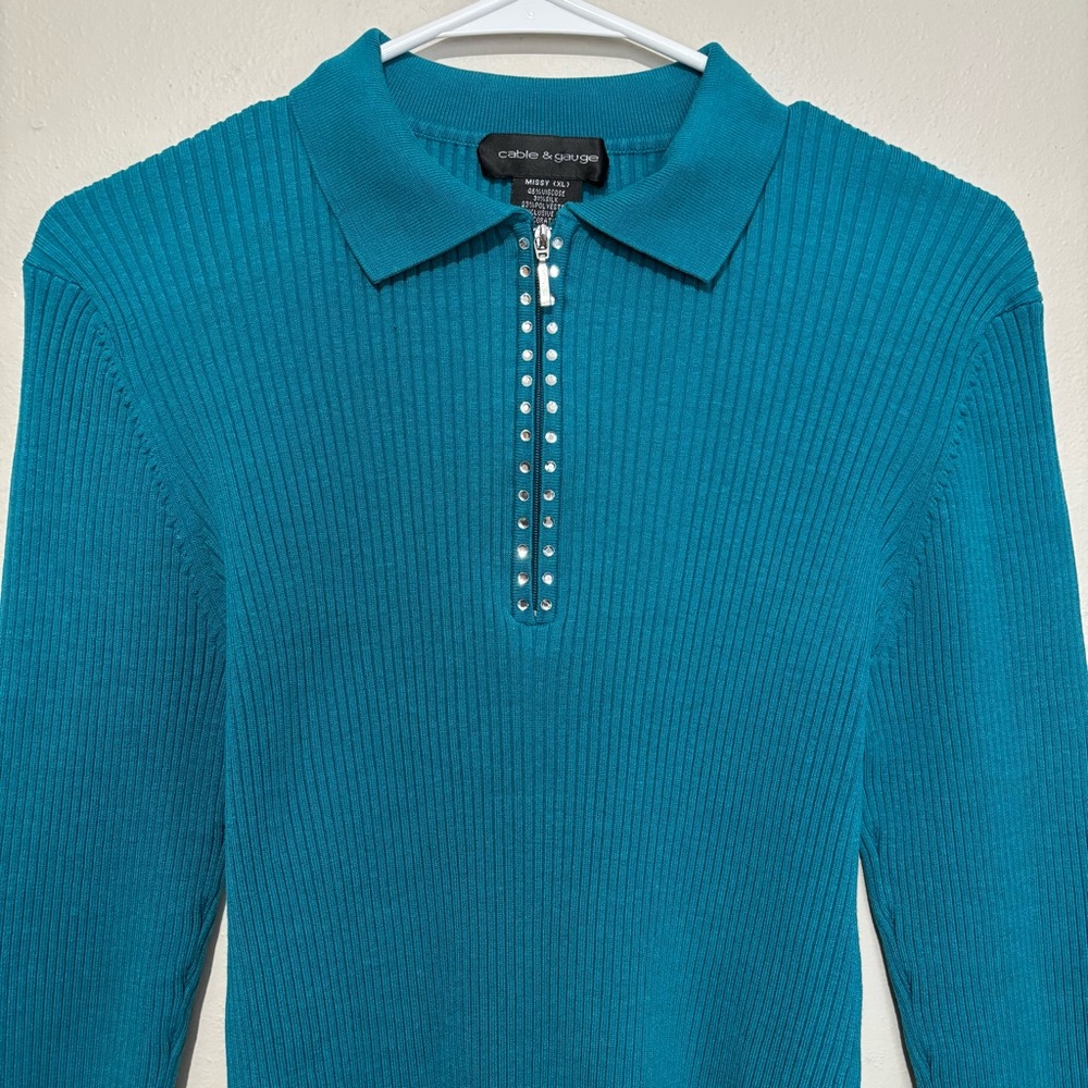 Vintage Y2K Teal Rhinestone 3/4 Sleeve Ribbed Top Shirt Size Small Cable & Gauge - Picture 8 of 10